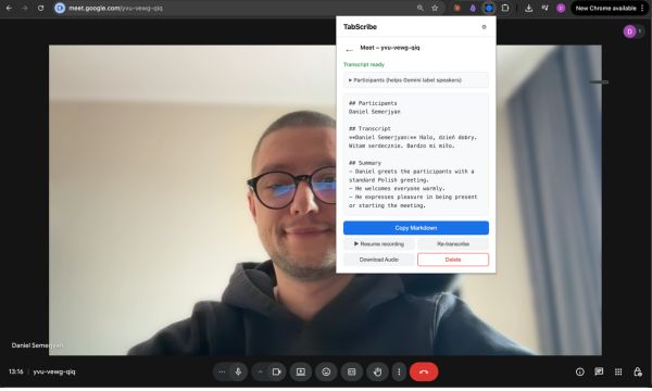 Chrome extension popup showing recording controls and transcript