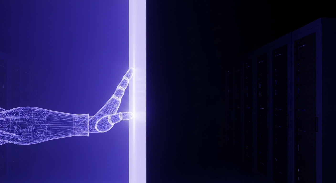 Indigo wireframe robotic hand pressed against a glowing translucent barrier, dark server racks in shadow beyond it — the agent walled off from real infrastructure