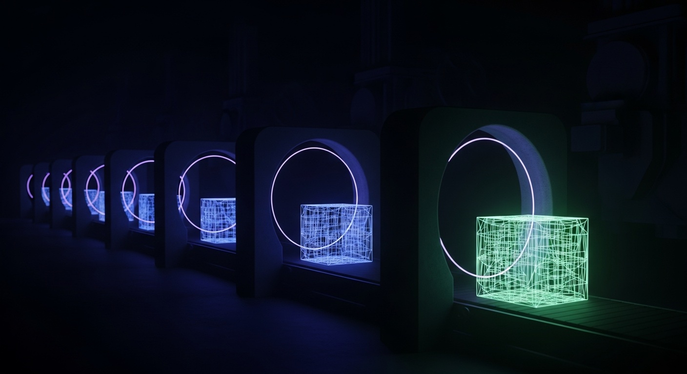 Identical wireframe cubes ride a dark conveyor through glowing ring gates, the last cube past the final gate lit green — modules clearing quality gates